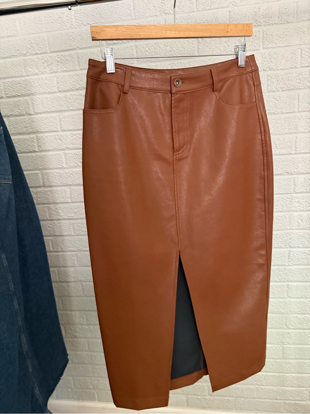 THML Cognac Faux Leather Pencil Skirt with Front Slit